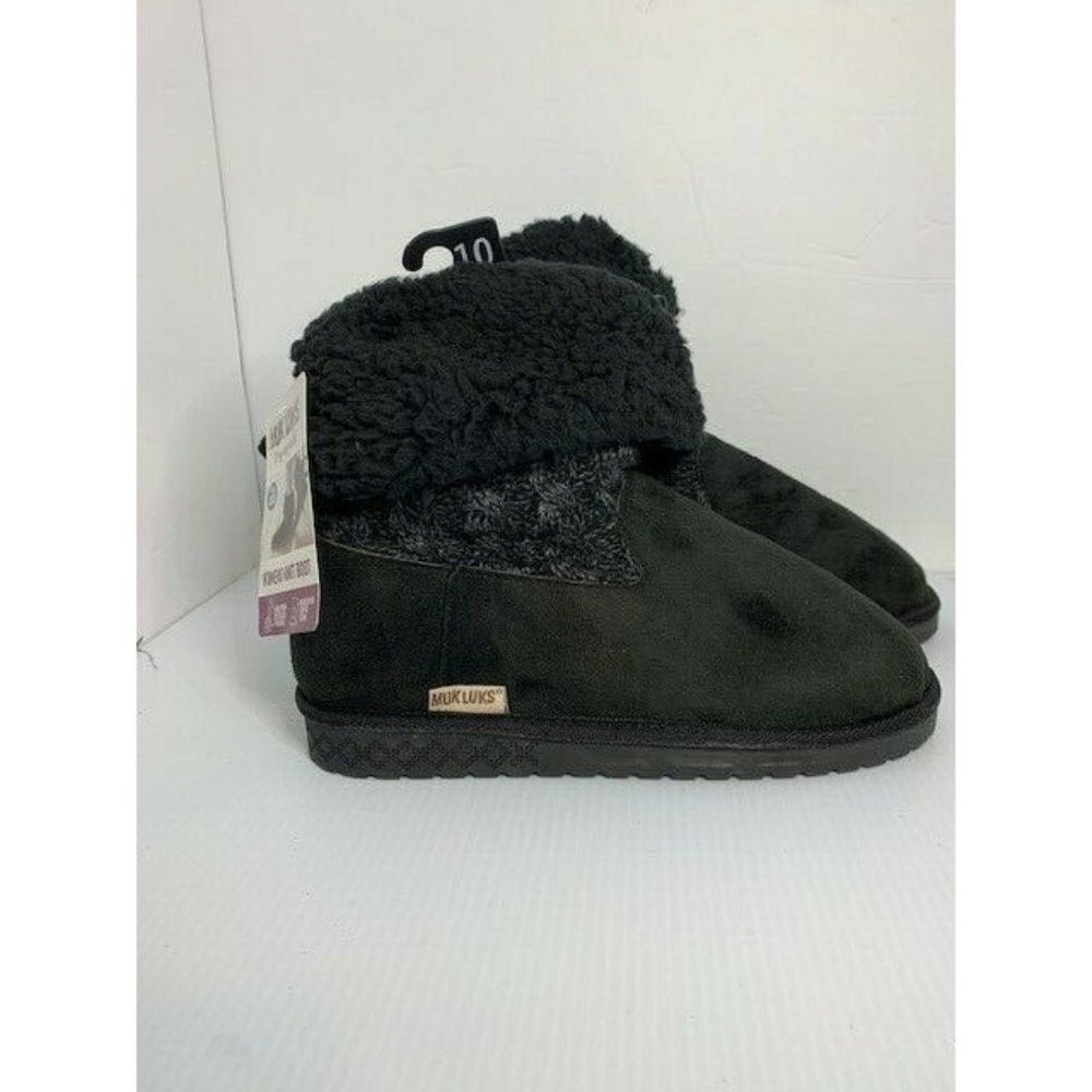 Womens Black MUK LUKS Cable Knit Faux Shearling Fold Over Boots Size 10